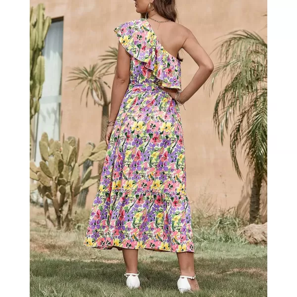 imageBTFBM Womens One Shoulder Maxi Dress Sleeveless Casual Summer Layered Ruffle Boho Floral Print Party Beach ALine DressesMulticolored Purple