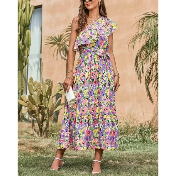 imageBTFBM Womens One Shoulder Maxi Dress Sleeveless Casual Summer Layered Ruffle Boho Floral Print Party Beach ALine DressesMulticolored Purple