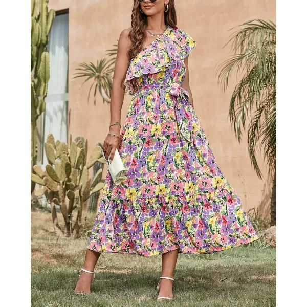 imageBTFBM Womens One Shoulder Maxi Dress Sleeveless Casual Summer Layered Ruffle Boho Floral Print Party Beach ALine DressesMulticolored Purple