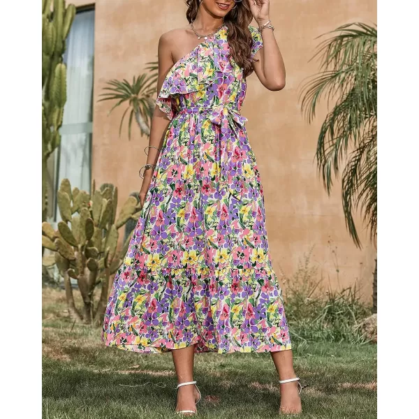 imageBTFBM Womens One Shoulder Maxi Dress Sleeveless Casual Summer Layered Ruffle Boho Floral Print Party Beach ALine DressesMulticolored Purple