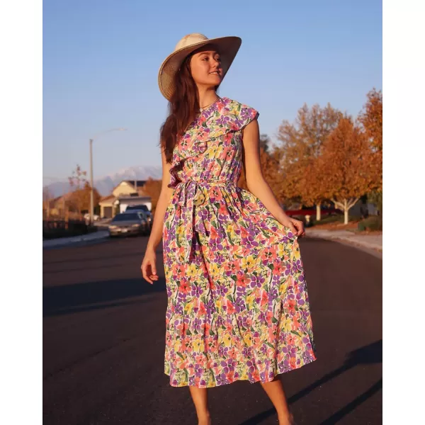 imageBTFBM Womens One Shoulder Maxi Dress Sleeveless Casual Summer Layered Ruffle Boho Floral Print Party Beach ALine DressesMulticolored Purple