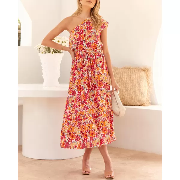 imageBTFBM Womens One Shoulder Maxi Dress Sleeveless Casual Summer Layered Ruffle Boho Floral Print Party Beach ALine DressesMulticolored Rose Red