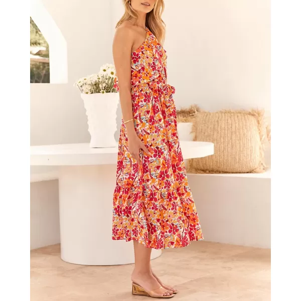 imageBTFBM Womens One Shoulder Maxi Dress Sleeveless Casual Summer Layered Ruffle Boho Floral Print Party Beach ALine DressesMulticolored Rose Red