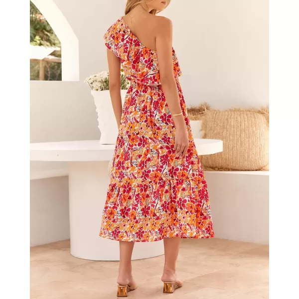 imageBTFBM Womens One Shoulder Maxi Dress Sleeveless Casual Summer Layered Ruffle Boho Floral Print Party Beach ALine DressesMulticolored Rose Red