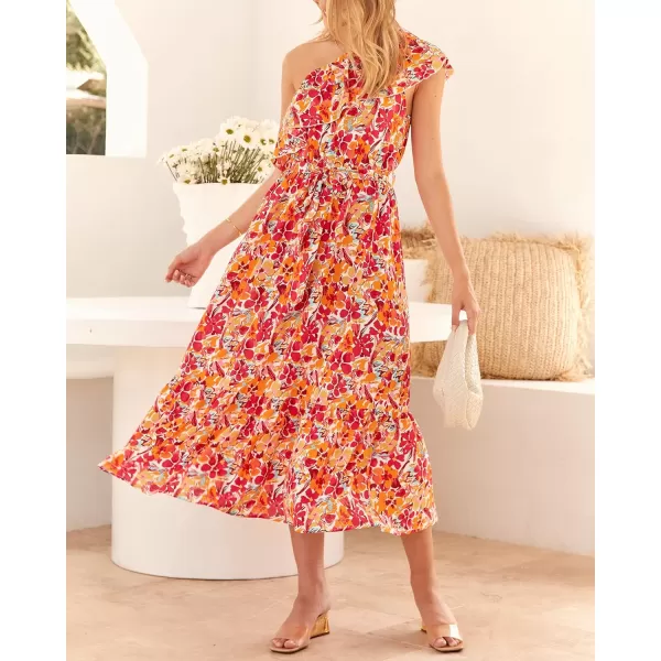 imageBTFBM Womens One Shoulder Maxi Dress Sleeveless Casual Summer Layered Ruffle Boho Floral Print Party Beach ALine DressesMulticolored Rose Red