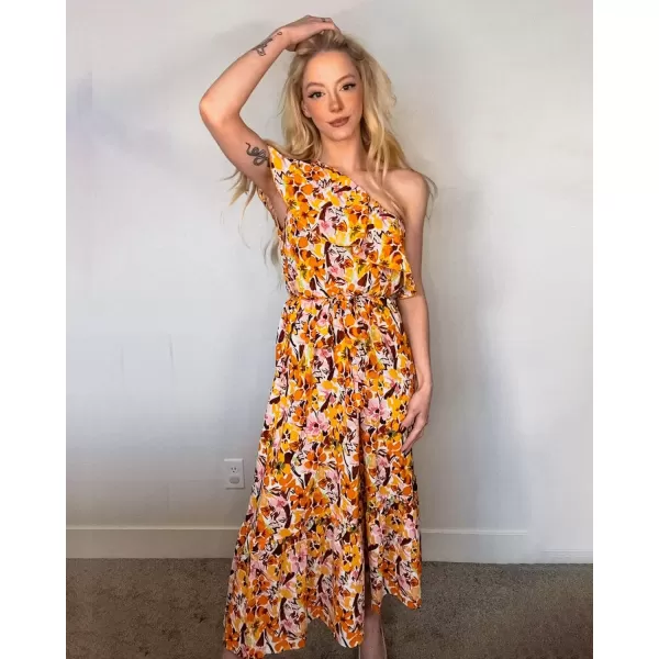 imageBTFBM Womens One Shoulder Maxi Dress Sleeveless Casual Summer Layered Ruffle Boho Floral Print Party Beach ALine DressesMulticolored Yellow