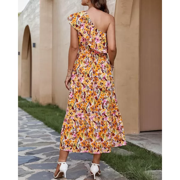 imageBTFBM Womens One Shoulder Maxi Dress Sleeveless Casual Summer Layered Ruffle Boho Floral Print Party Beach ALine DressesMulticolored Yellow