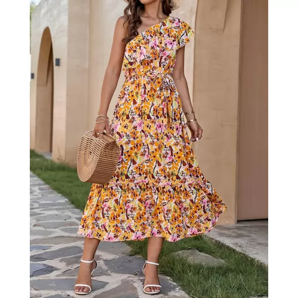 imageBTFBM Womens One Shoulder Maxi Dress Sleeveless Casual Summer Layered Ruffle Boho Floral Print Party Beach ALine DressesMulticolored Yellow