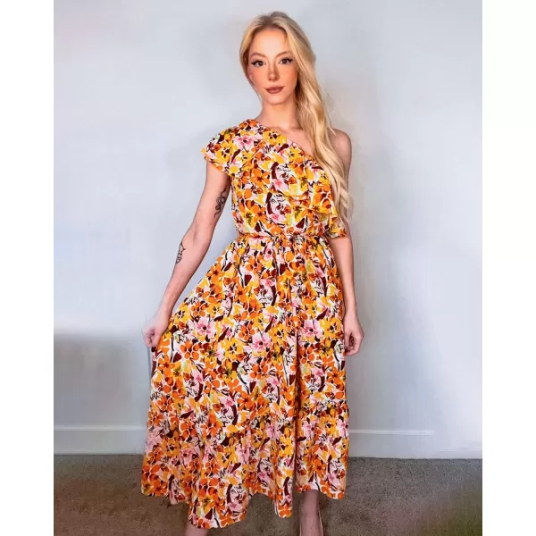 imageBTFBM Womens One Shoulder Maxi Dress Sleeveless Casual Summer Layered Ruffle Boho Floral Print Party Beach ALine DressesMulticolored Yellow