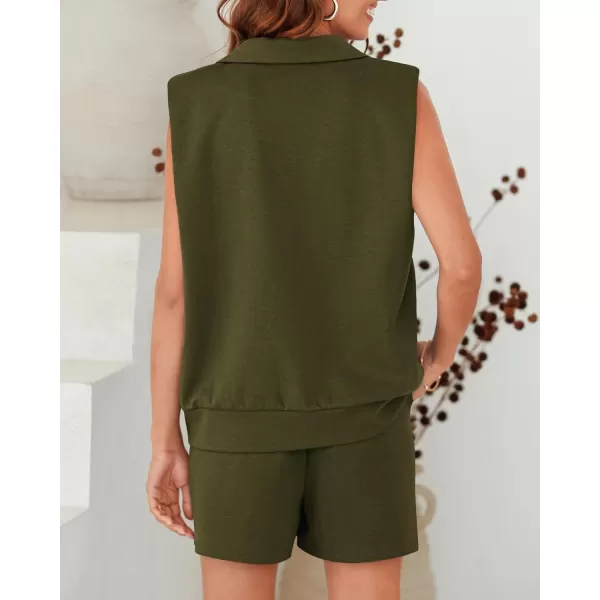imageBTFBM Womens Oversized 2 Piece Lounge Set Quarter Zipper Sleeveless Sweatshirt Shorts Sets Casual Sweatsuit TracksuitsSolid Army Green