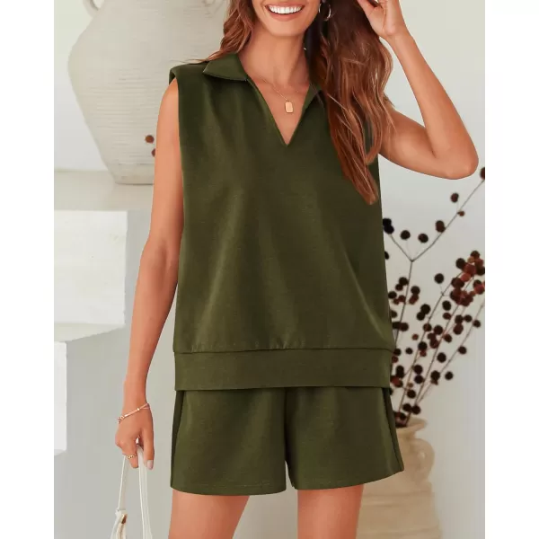 imageBTFBM Womens Oversized 2 Piece Lounge Set Quarter Zipper Sleeveless Sweatshirt Shorts Sets Casual Sweatsuit TracksuitsSolid Army Green