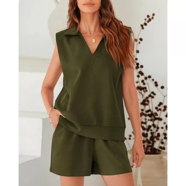 imageBTFBM Womens Oversized 2 Piece Lounge Set Quarter Zipper Sleeveless Sweatshirt Shorts Sets Casual Sweatsuit TracksuitsSolid Army Green