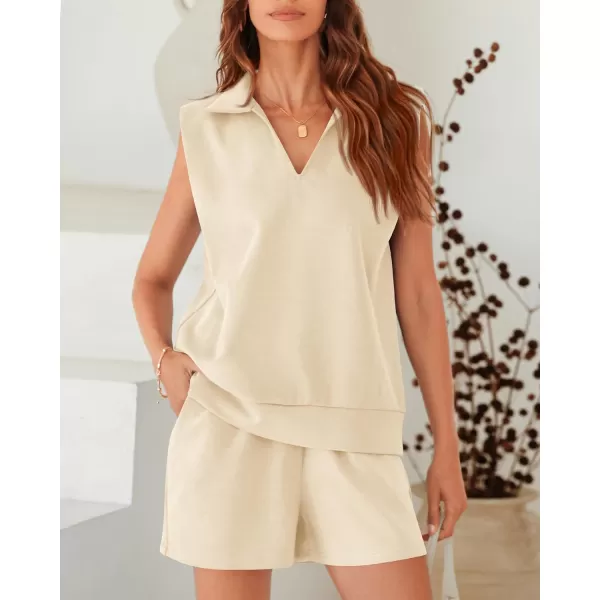 imageBTFBM Womens Oversized 2 Piece Lounge Set Quarter Zipper Sleeveless Sweatshirt Shorts Sets Casual Sweatsuit TracksuitsSolid Beige