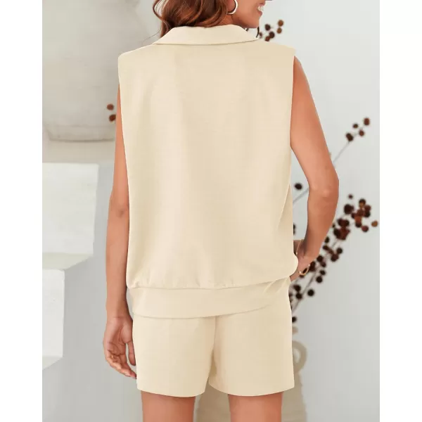 imageBTFBM Womens Oversized 2 Piece Lounge Set Quarter Zipper Sleeveless Sweatshirt Shorts Sets Casual Sweatsuit TracksuitsSolid Beige