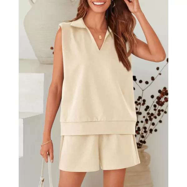 imageBTFBM Womens Oversized 2 Piece Lounge Set Quarter Zipper Sleeveless Sweatshirt Shorts Sets Casual Sweatsuit TracksuitsSolid Beige