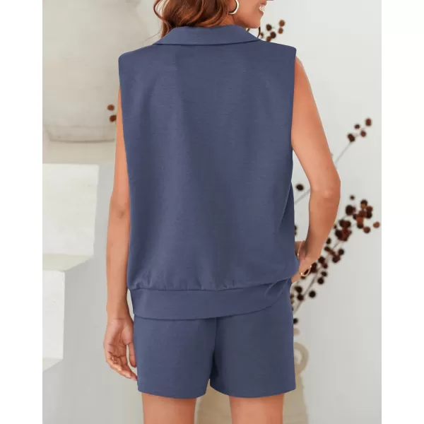 imageBTFBM Womens Oversized 2 Piece Lounge Set Quarter Zipper Sleeveless Sweatshirt Shorts Sets Casual Sweatsuit TracksuitsSolid Blue Grey