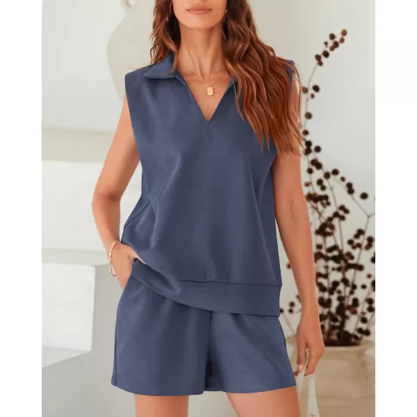 imageBTFBM Womens Oversized 2 Piece Lounge Set Quarter Zipper Sleeveless Sweatshirt Shorts Sets Casual Sweatsuit TracksuitsSolid Blue Grey