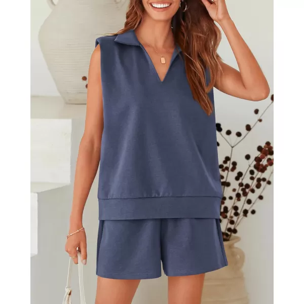 imageBTFBM Womens Oversized 2 Piece Lounge Set Quarter Zipper Sleeveless Sweatshirt Shorts Sets Casual Sweatsuit TracksuitsSolid Blue Grey