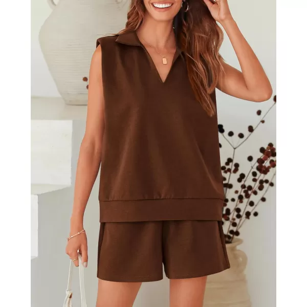 imageBTFBM Womens Oversized 2 Piece Lounge Set Quarter Zipper Sleeveless Sweatshirt Shorts Sets Casual Sweatsuit TracksuitsSolid Brown