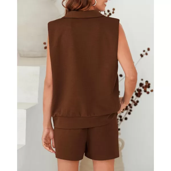 imageBTFBM Womens Oversized 2 Piece Lounge Set Quarter Zipper Sleeveless Sweatshirt Shorts Sets Casual Sweatsuit TracksuitsSolid Brown