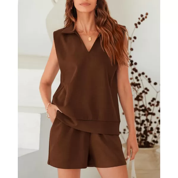 imageBTFBM Womens Oversized 2 Piece Lounge Set Quarter Zipper Sleeveless Sweatshirt Shorts Sets Casual Sweatsuit TracksuitsSolid Brown