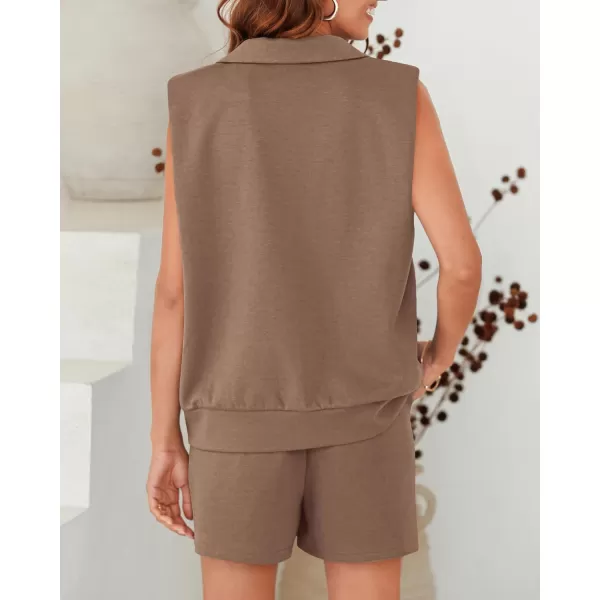 imageBTFBM Womens Oversized 2 Piece Lounge Set Quarter Zipper Sleeveless Sweatshirt Shorts Sets Casual Sweatsuit TracksuitsSolid Khaki