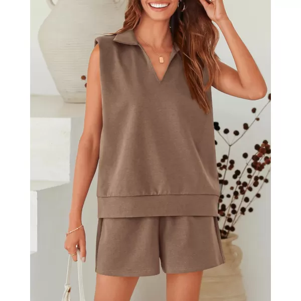 imageBTFBM Womens Oversized 2 Piece Lounge Set Quarter Zipper Sleeveless Sweatshirt Shorts Sets Casual Sweatsuit TracksuitsSolid Khaki