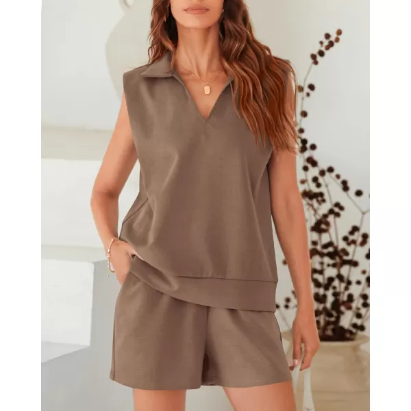 imageBTFBM Womens Oversized 2 Piece Lounge Set Quarter Zipper Sleeveless Sweatshirt Shorts Sets Casual Sweatsuit TracksuitsSolid Khaki