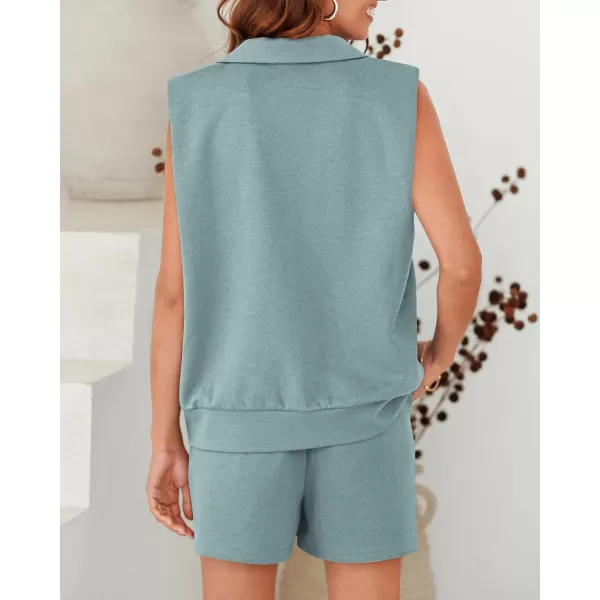 imageBTFBM Womens Oversized 2 Piece Lounge Set Quarter Zipper Sleeveless Sweatshirt Shorts Sets Casual Sweatsuit TracksuitsSolid Light Blue