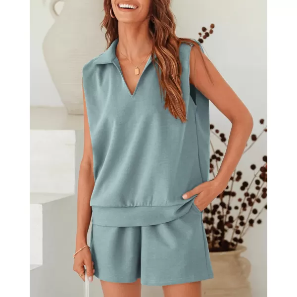 imageBTFBM Womens Oversized 2 Piece Lounge Set Quarter Zipper Sleeveless Sweatshirt Shorts Sets Casual Sweatsuit TracksuitsSolid Light Blue