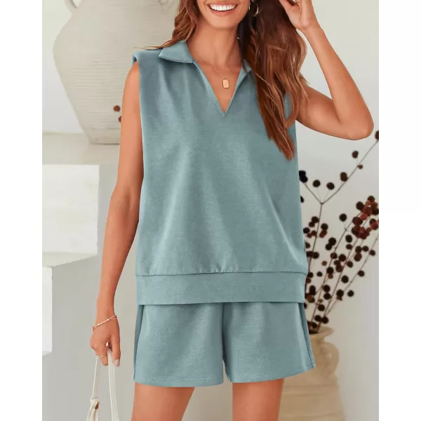 imageBTFBM Womens Oversized 2 Piece Lounge Set Quarter Zipper Sleeveless Sweatshirt Shorts Sets Casual Sweatsuit TracksuitsSolid Light Blue