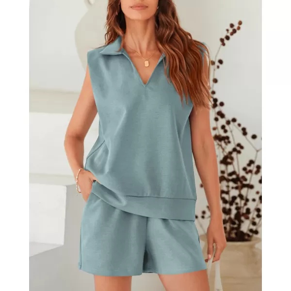 imageBTFBM Womens Oversized 2 Piece Lounge Set Quarter Zipper Sleeveless Sweatshirt Shorts Sets Casual Sweatsuit TracksuitsSolid Light Blue