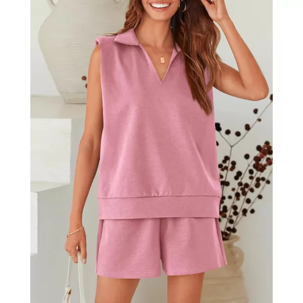 imageBTFBM Womens Oversized 2 Piece Lounge Set Quarter Zipper Sleeveless Sweatshirt Shorts Sets Casual Sweatsuit TracksuitsSolid Pink