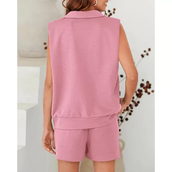 imageBTFBM Womens Oversized 2 Piece Lounge Set Quarter Zipper Sleeveless Sweatshirt Shorts Sets Casual Sweatsuit TracksuitsSolid Pink