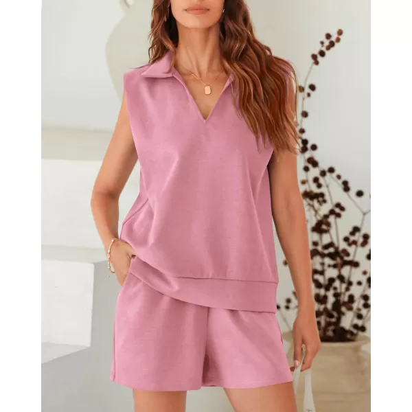 imageBTFBM Womens Oversized 2 Piece Lounge Set Quarter Zipper Sleeveless Sweatshirt Shorts Sets Casual Sweatsuit TracksuitsSolid Pink