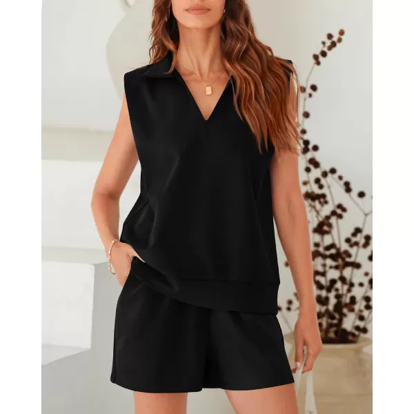 imageBTFBM Womens Oversized 2 Piece Outfits Sleeveless Sweatshirt Shorts Sets Casual Sweatsuit Tracksuits Sets with PocketsSolid Black
