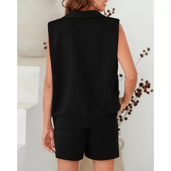 imageBTFBM Womens Oversized 2 Piece Outfits Sleeveless Sweatshirt Shorts Sets Casual Sweatsuit Tracksuits Sets with PocketsSolid Black