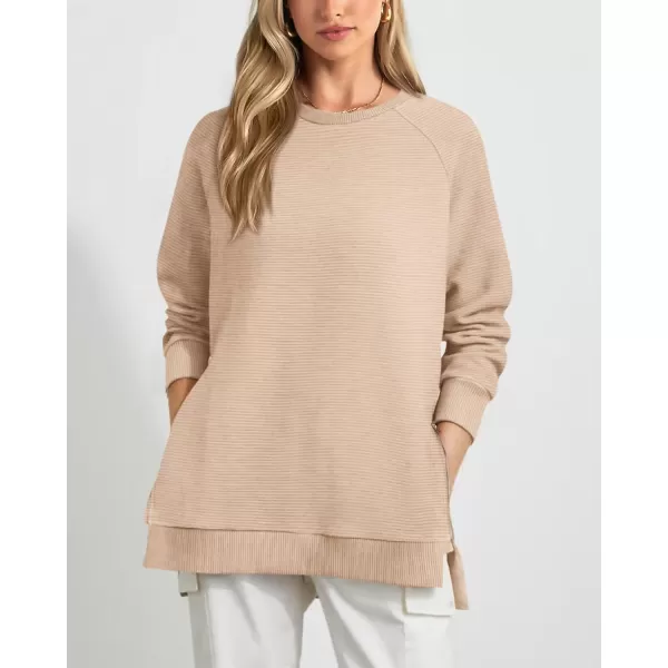 imageBTFBM Womens Oversized Sweatshirt 2023 Fall Fashion Crew Neck Long Sleeve Slit Casual Pullover Tops with Side ZipperSolid Apricot