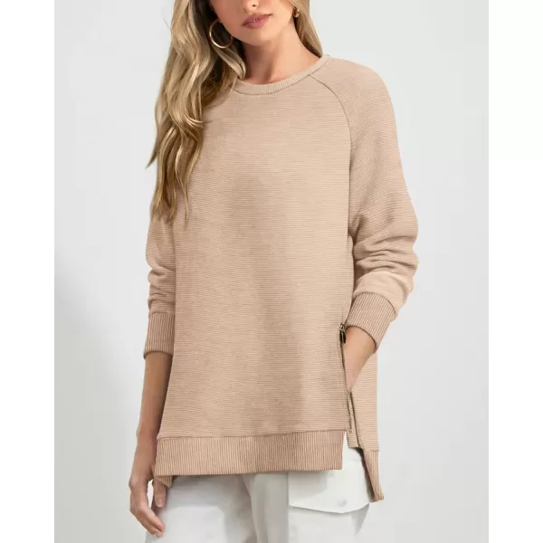 imageBTFBM Womens Oversized Sweatshirt 2023 Fall Fashion Crew Neck Long Sleeve Slit Casual Pullover Tops with Side ZipperSolid Apricot