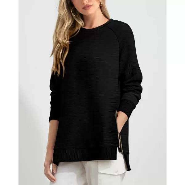imageBTFBM Womens Oversized Sweatshirt 2023 Fall Fashion Crew Neck Long Sleeve Slit Casual Pullover Tops with Side ZipperSolid Black