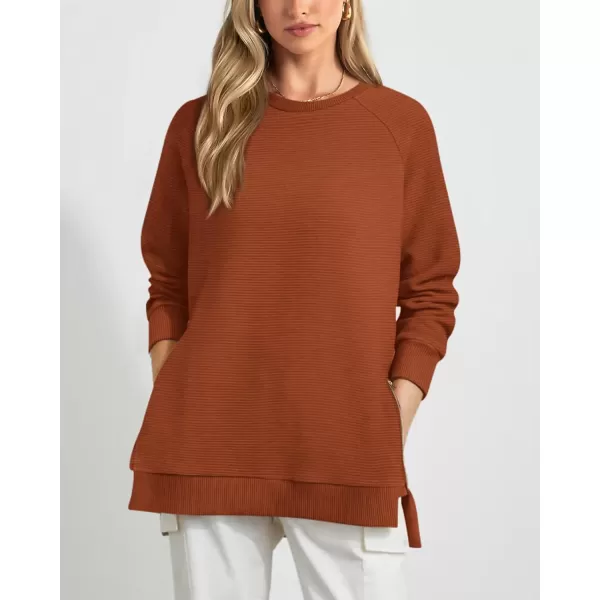 imageBTFBM Womens Oversized Sweatshirt 2023 Fall Fashion Crew Neck Long Sleeve Slit Casual Pullover Tops with Side ZipperSolid Brown
