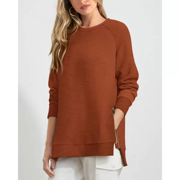 imageBTFBM Womens Oversized Sweatshirt 2023 Fall Fashion Crew Neck Long Sleeve Slit Casual Pullover Tops with Side ZipperSolid Brown