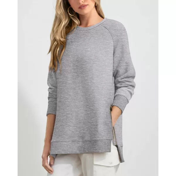 imageBTFBM Womens Oversized Sweatshirt 2023 Fall Fashion Crew Neck Long Sleeve Slit Casual Pullover Tops with Side ZipperSolid Grey