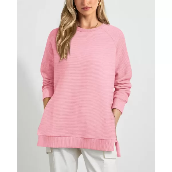 imageBTFBM Womens Oversized Sweatshirt 2023 Fall Fashion Crew Neck Long Sleeve Slit Casual Pullover Tops with Side ZipperSolid Pink
