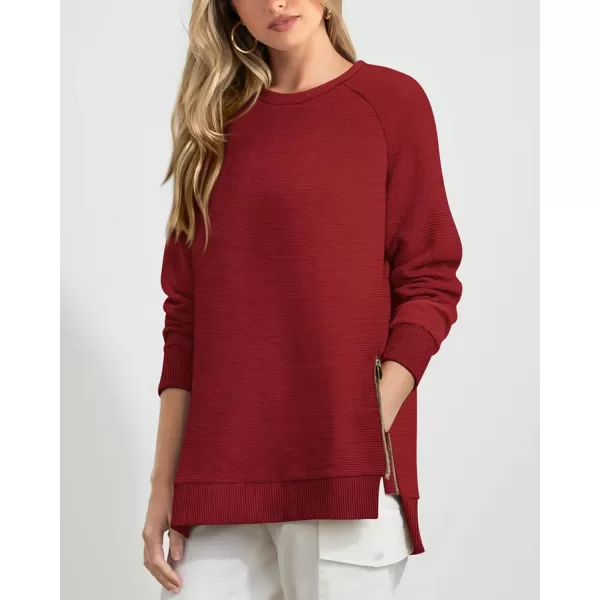 imageBTFBM Womens Oversized Sweatshirt 2023 Fall Fashion Crew Neck Long Sleeve Slit Casual Pullover Tops with Side ZipperSolid Rust Red