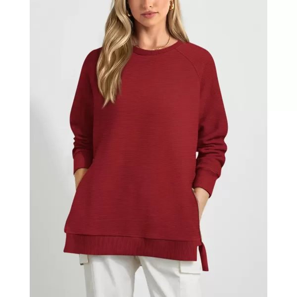 imageBTFBM Womens Oversized Sweatshirt 2023 Fall Fashion Crew Neck Long Sleeve Slit Casual Pullover Tops with Side ZipperSolid Rust Red