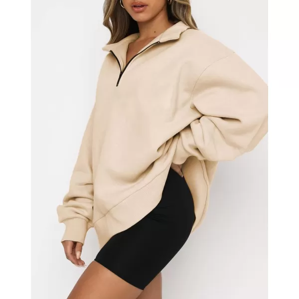 imageBTFBM Womens Quarter Zip Long Sleeve Sweatshirt Oversized Casual 2023 Fall Winter Fashion Hoodies Pullover Y2K ClothesSolid Apricot