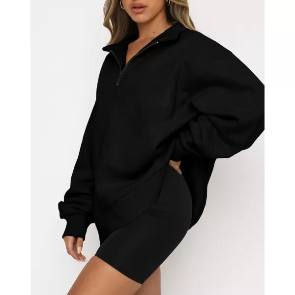 imageBTFBM Womens Quarter Zip Long Sleeve Sweatshirt Oversized Casual 2023 Fall Winter Fashion Hoodies Pullover Y2K ClothesSolid Black