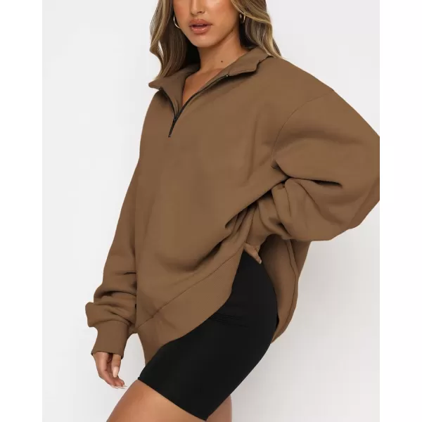 imageBTFBM Womens Quarter Zip Long Sleeve Sweatshirt Oversized Casual 2023 Fall Winter Fashion Hoodies Pullover Y2K ClothesSolid Brown