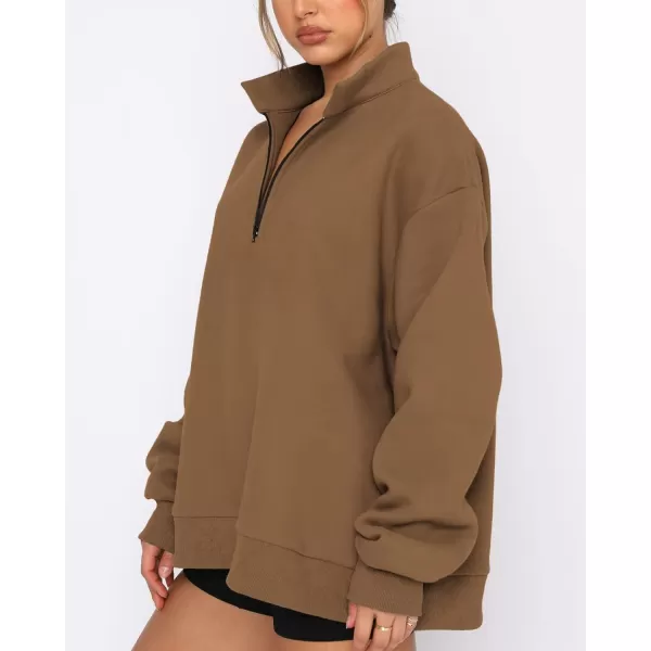 imageBTFBM Womens Quarter Zip Long Sleeve Sweatshirt Oversized Casual 2023 Fall Winter Fashion Hoodies Pullover Y2K ClothesSolid Brown